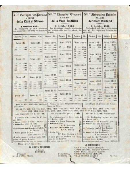 XII ESTRAZIONE DEL PRESTITO A PREMJ DELLA CITTA' DI MILANO - 1864