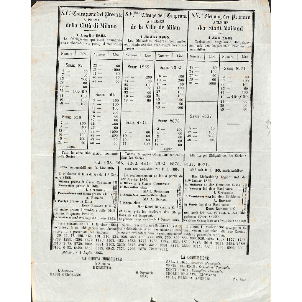 XV ESTRAZIONE DEL PRESTITO A PREMJ DELLA CITTA' DI MILANO - 1865