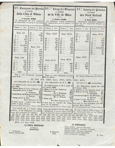 XV ESTRAZIONE DEL PRESTITO A PREMJ DELLA CITTA' DI MILANO - 1865