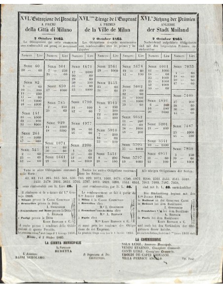 XVI ESTRAZIONE DEL PRESTITO A PREMJ DELLA CITTA' DI MILANO - 1865