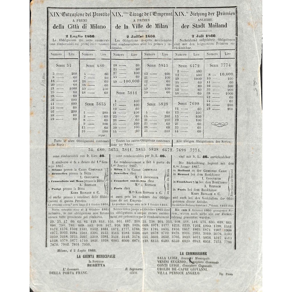 XIX ESTRAZIONE DEL PRESTITO A PREMJ DELLA CITTA' DI MILANO - 1866