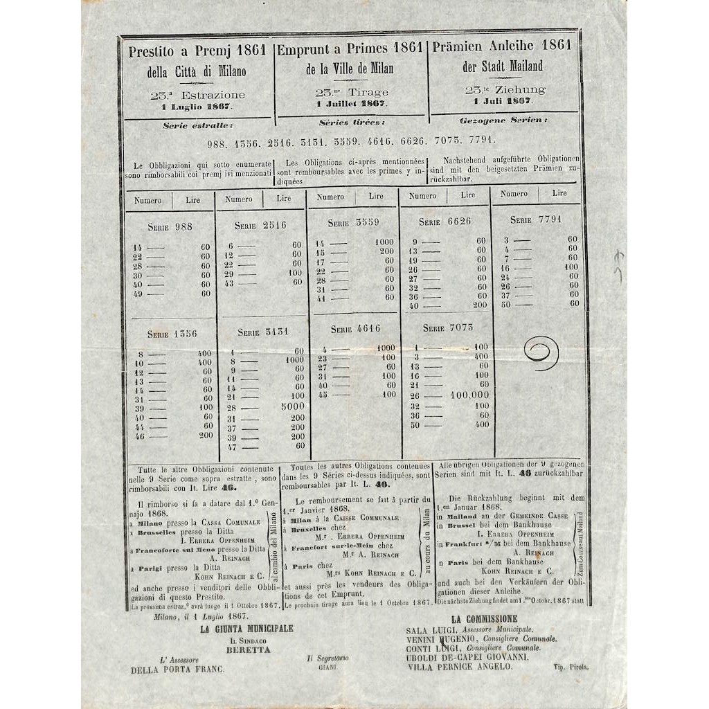 PRESTITO A PREMJ DELLA CITTA' DI MILANO - 25 ESTRAZIONE 1861
