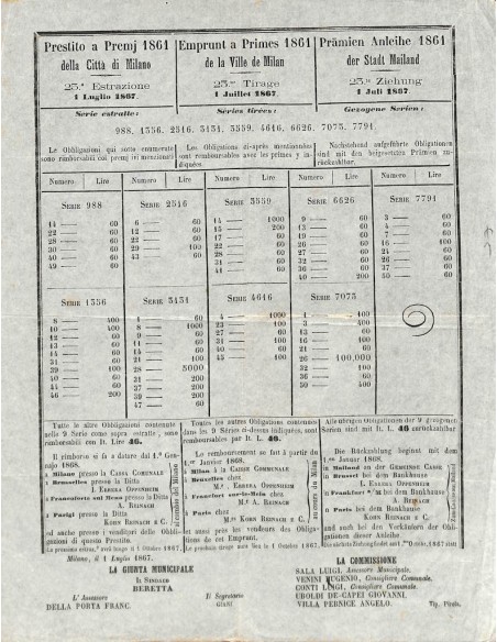 PRESTITO A PREMJ DELLA CITTA' DI MILANO - 25 ESTRAZIONE 1861