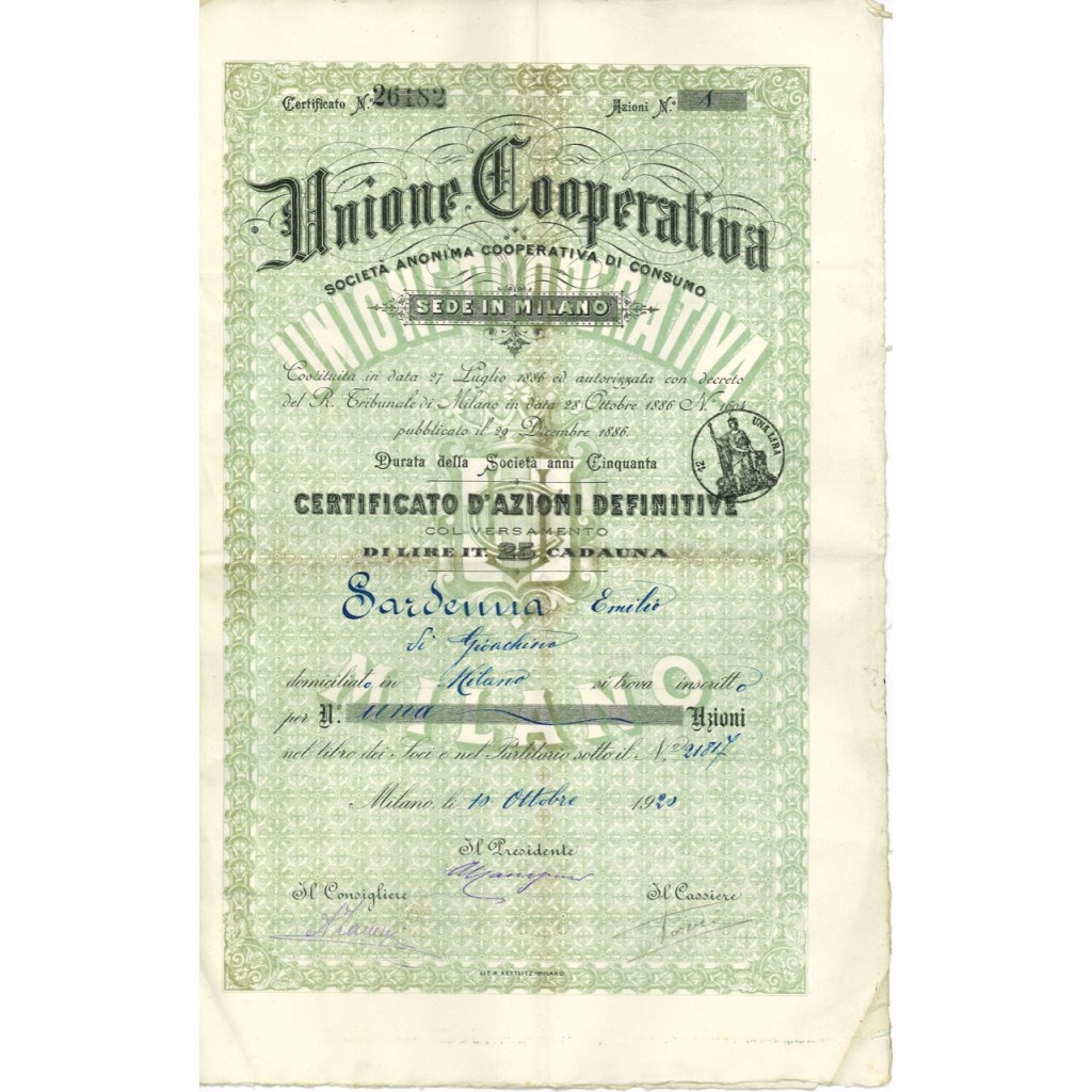 1920 - UNIONE COOPERATIVA DI CONSUMO DI MILANO N. 1 AZIONE - MILANO