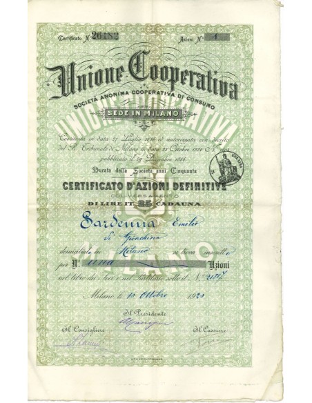 1920 - UNIONE COOPERATIVA DI CONSUMO DI MILANO N. 1 AZIONE - MILANO