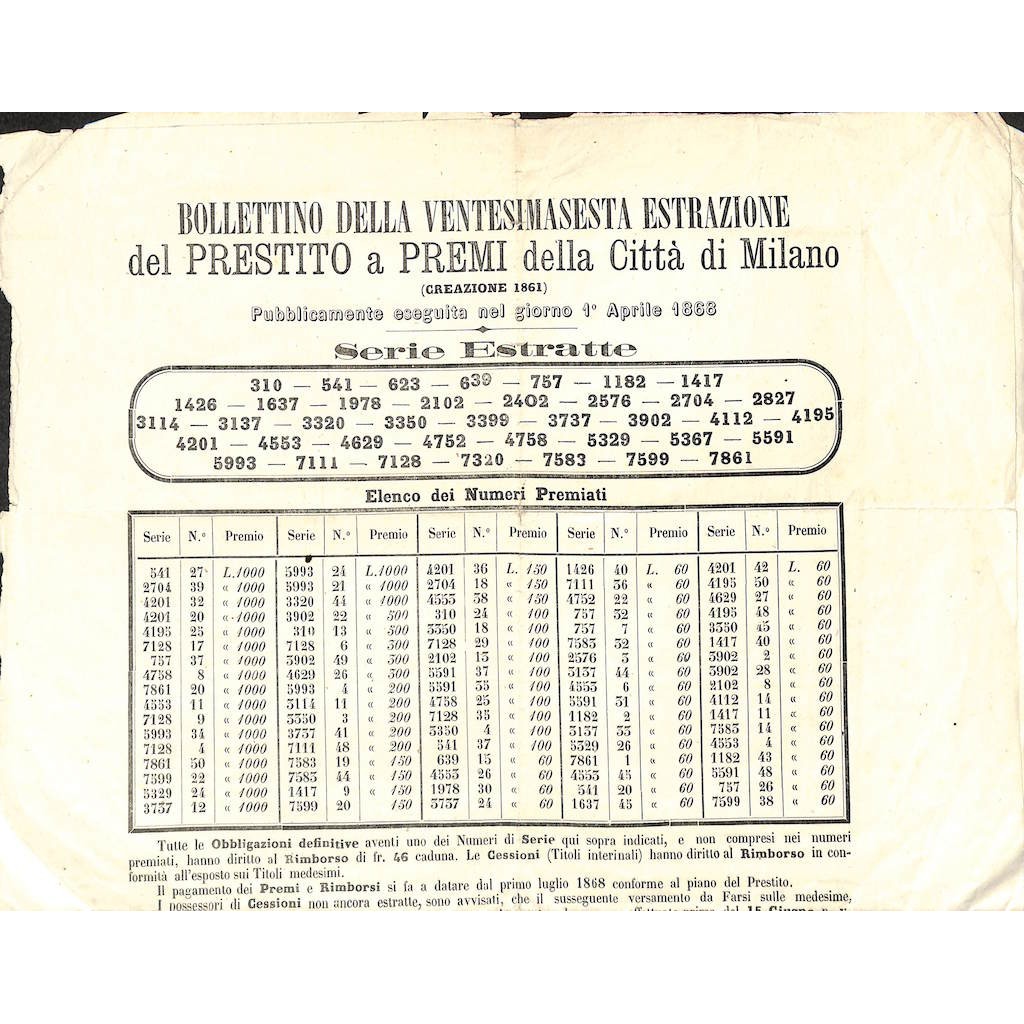 BOLLETTINO 25MA ESTRAZIONE PRESTITO A PREMI CITTA' MILANO - 1861