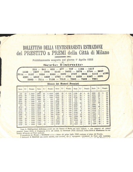 BOLLETTINO 25MA ESTRAZIONE PRESTITO A PREMI CITTA' MILANO - 1861