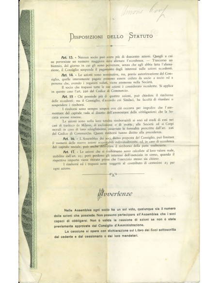 1920 - UNIONE COOPERATIVA DI CONSUMO DI MILANO N. 1 AZIONE - MILANO