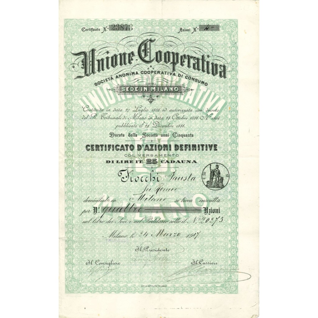 1917 - UNIONE COOPERATIVA DI CONSUMO DI MILANO...