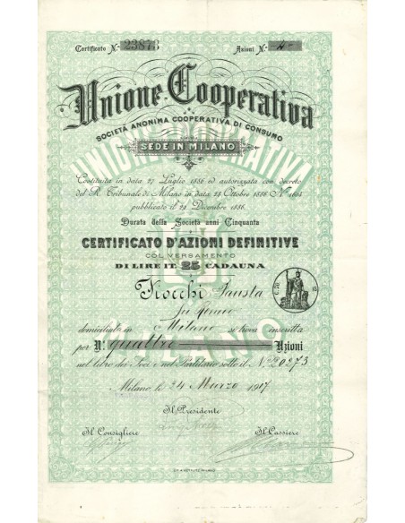 1917 - UNIONE COOPERATIVA DI CONSUMO DI MILANO N. 4 AZIONI - MILANO