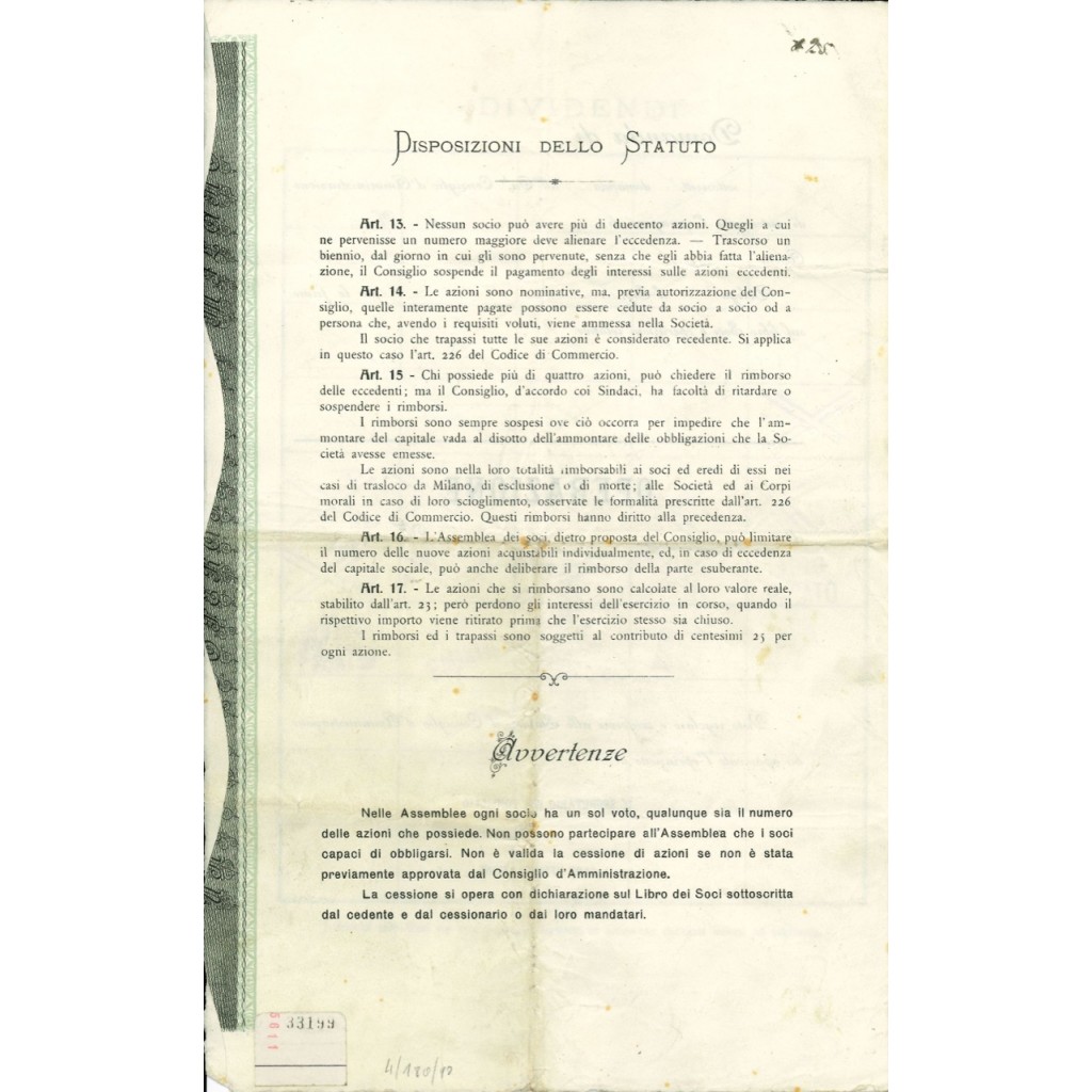 1917 - UNIONE COOPERATIVA DI CONSUMO DI MILANO...