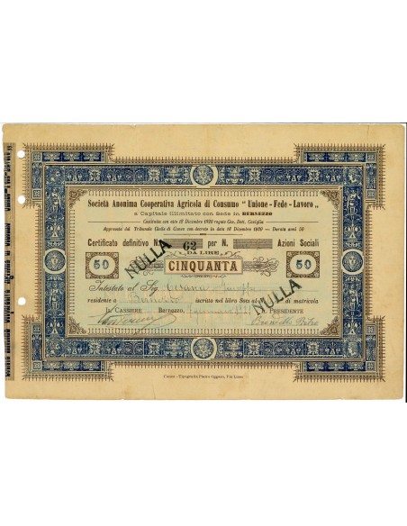 1921 - SOC. ANON. COOPERATIVA AGRICOLA DI CONSUMO "UNIONE - FEDE - LAVORO " BERNEZZO