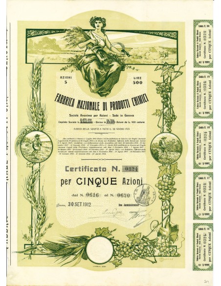 1912 - FABBRICA NAZIONALE DI PRODOTTI CHIMICI - 5 AZIONI - GENOVA