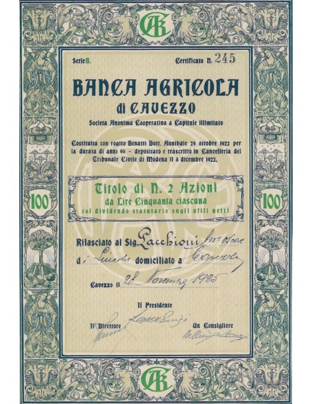 BANCA AGRICOLA DI CAVEZZO 2 AZIONI CAVEZZO