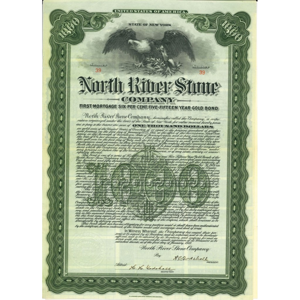 1910 - NORTH RIVERS STONE COMPANY - BOND $...