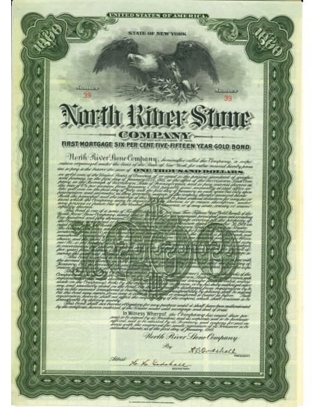 1910 - NORTH RIVERS STONE COMPANY - BOND $ 1.000 DOLLARI