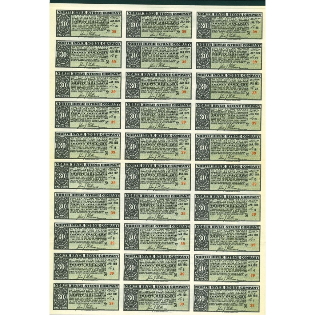 1910 - NORTH RIVERS STONE COMPANY - BOND $...