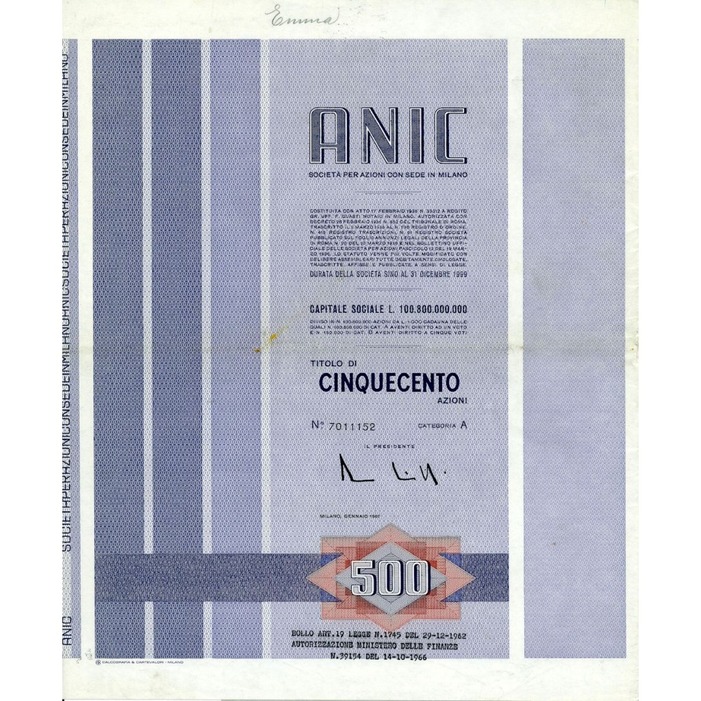 1967 - ANIC - 500 AZIONI MILANO