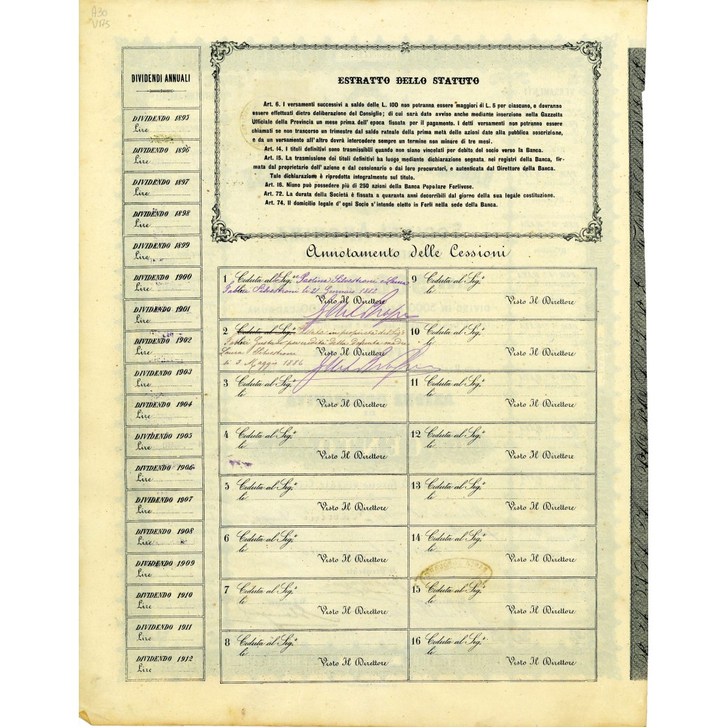 1876 - BANCA POPOLARE FORLIVESE 1 AZIONE - FORLI'