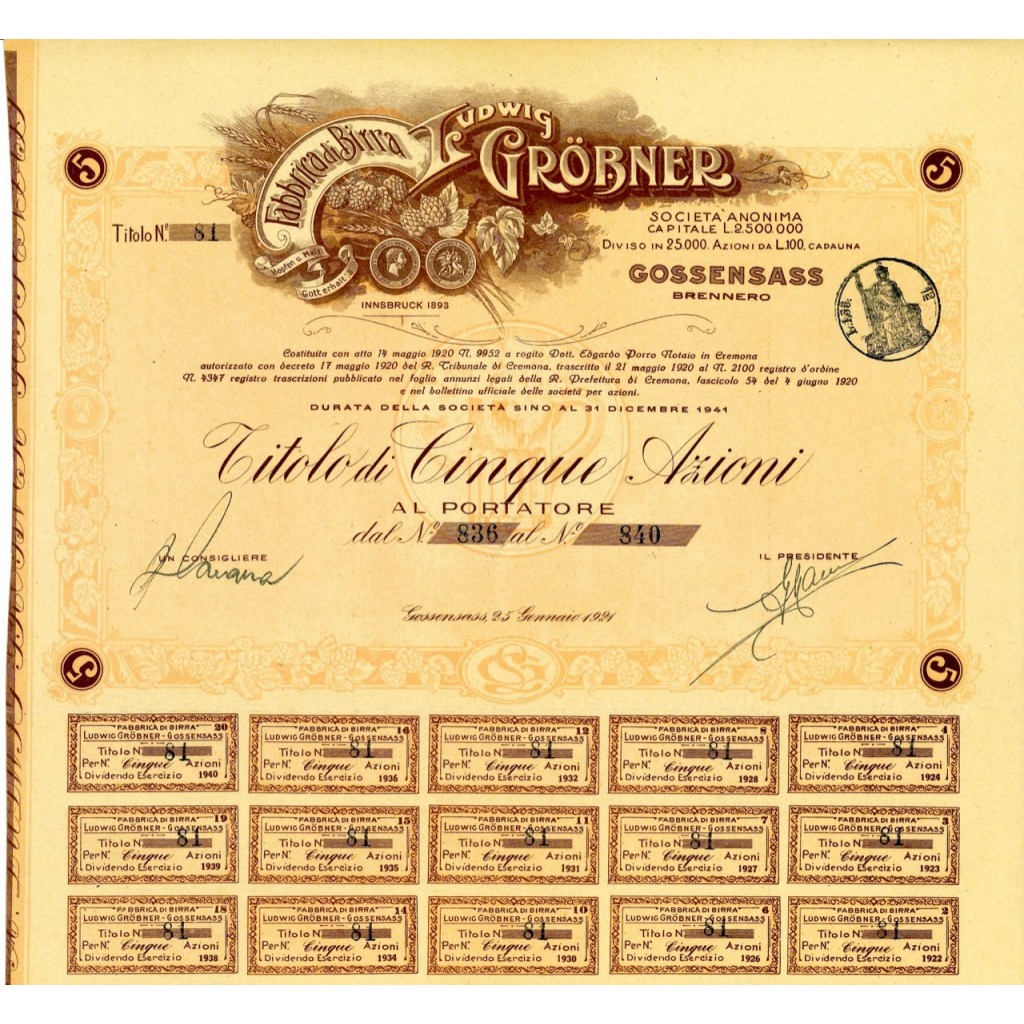 1921 - FABBRICA DI BIRRA LUDWIG GROBNER 5...