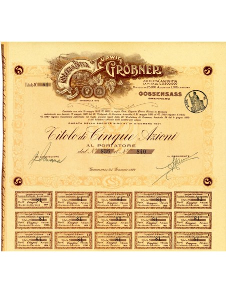 1921 - FABBRICA DI BIRRA LUDWIG GROBNER 5 AZIONI - GOSSENSASS