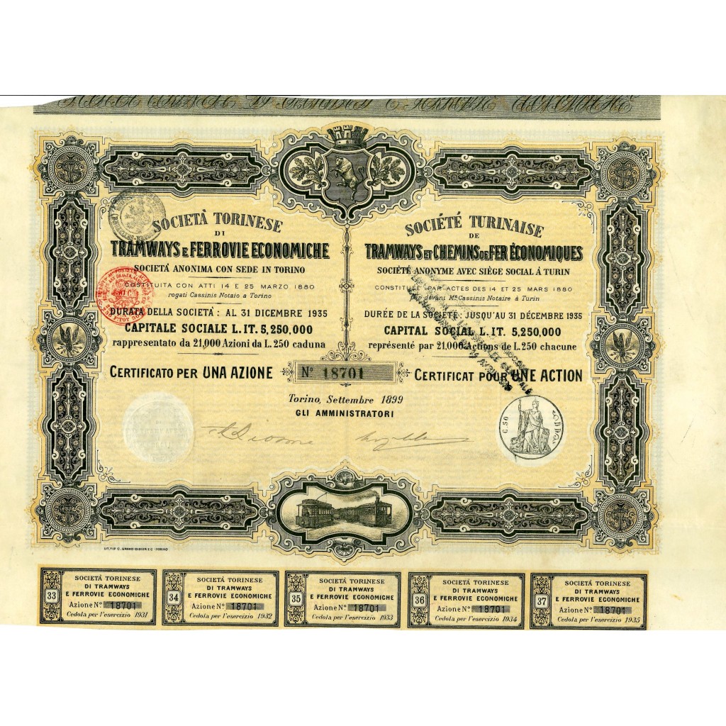1899 - TORINESE TRAMWAYS E FERROVIE ECONOMICHE...