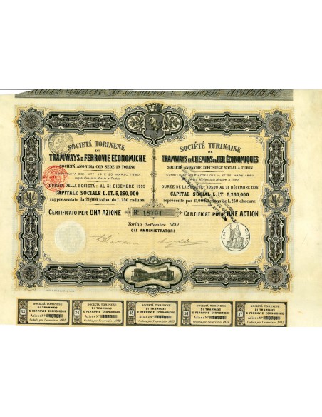 1899 - TORINESE TRAMWAYS E FERROVIE ECONOMICHE 1 AZIONE - TORINO