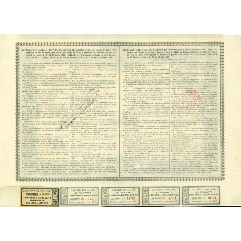 1899 - TORINESE TRAMWAYS E FERROVIE ECONOMICHE...