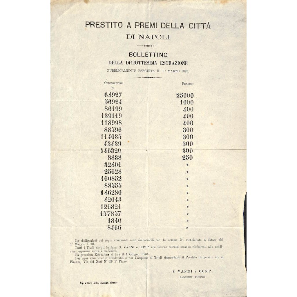PRESTITO A PREMI DELLA CITTA' DI NAPOLI - BOLLETTINO 18MA ESTRAZIONE 1873
