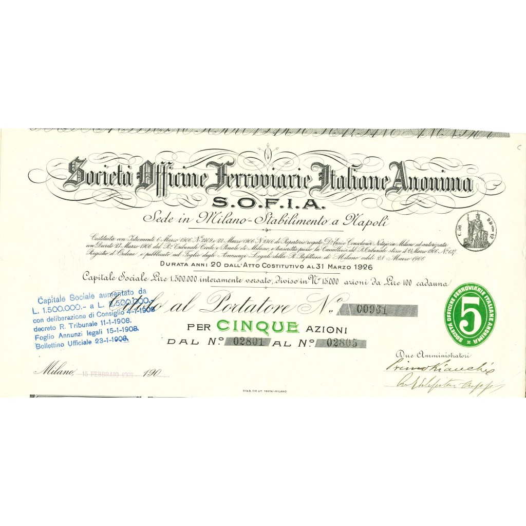 1908 - OFFICINE FERROVIARIE ITALIANE ANONIMA...