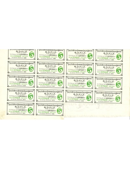 1908 - OFFICINE FERROVIARIE ITALIANE ANONIMA S.O.F.I.A. 5 azioni - MILANO