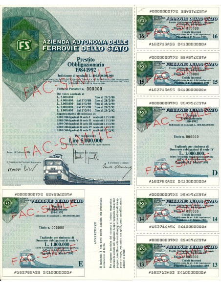 1984 - AZ. AUT. FERROVIE DELLO STATO LIRE 5.000.000 - R0MA