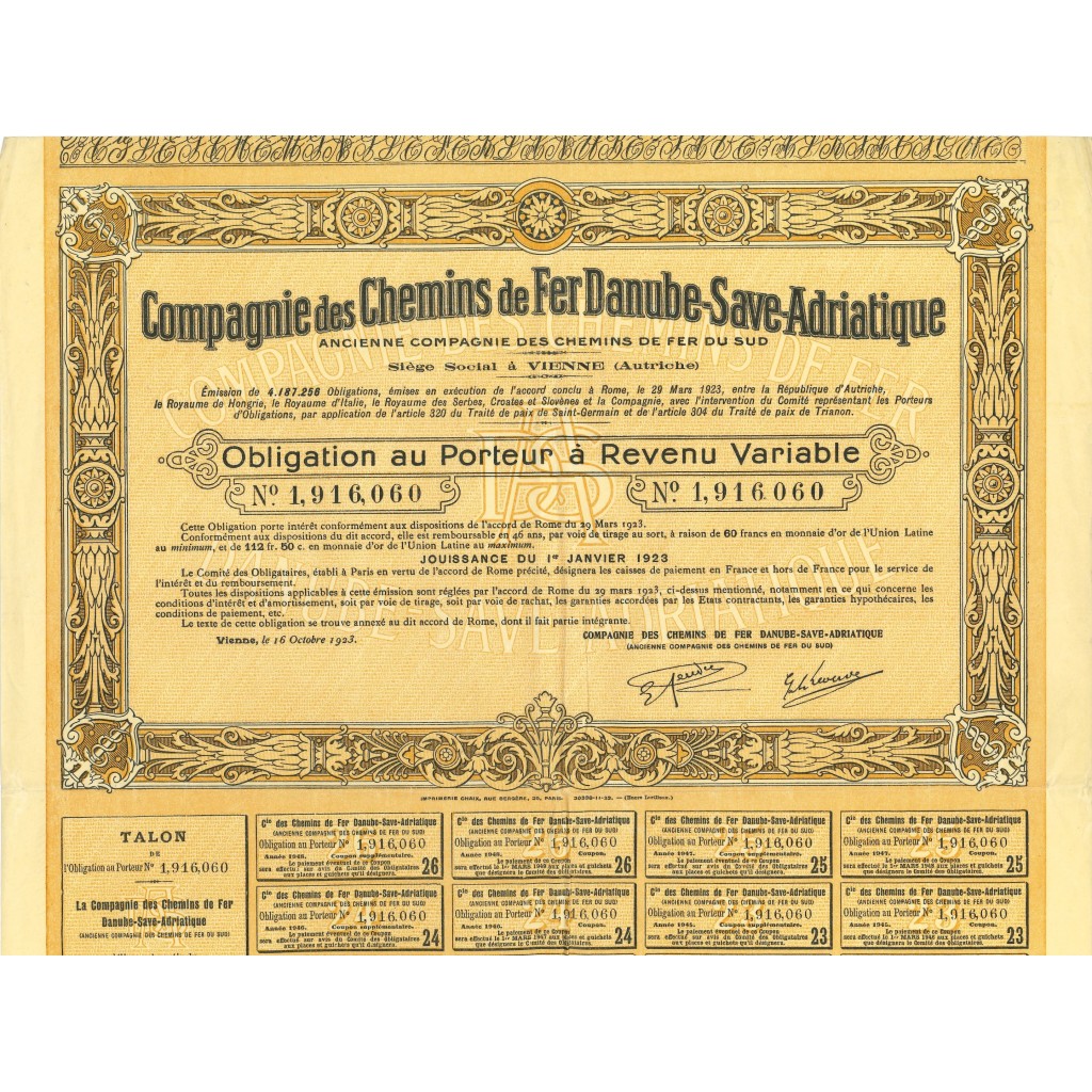 1923 - CHEMINS DE FER DANUBE-SAVE-ADRIATIQUE...