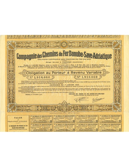 1923 - CHEMINS DE FER DANUBE-SAVE-ADRIATIQUE COMP. DES