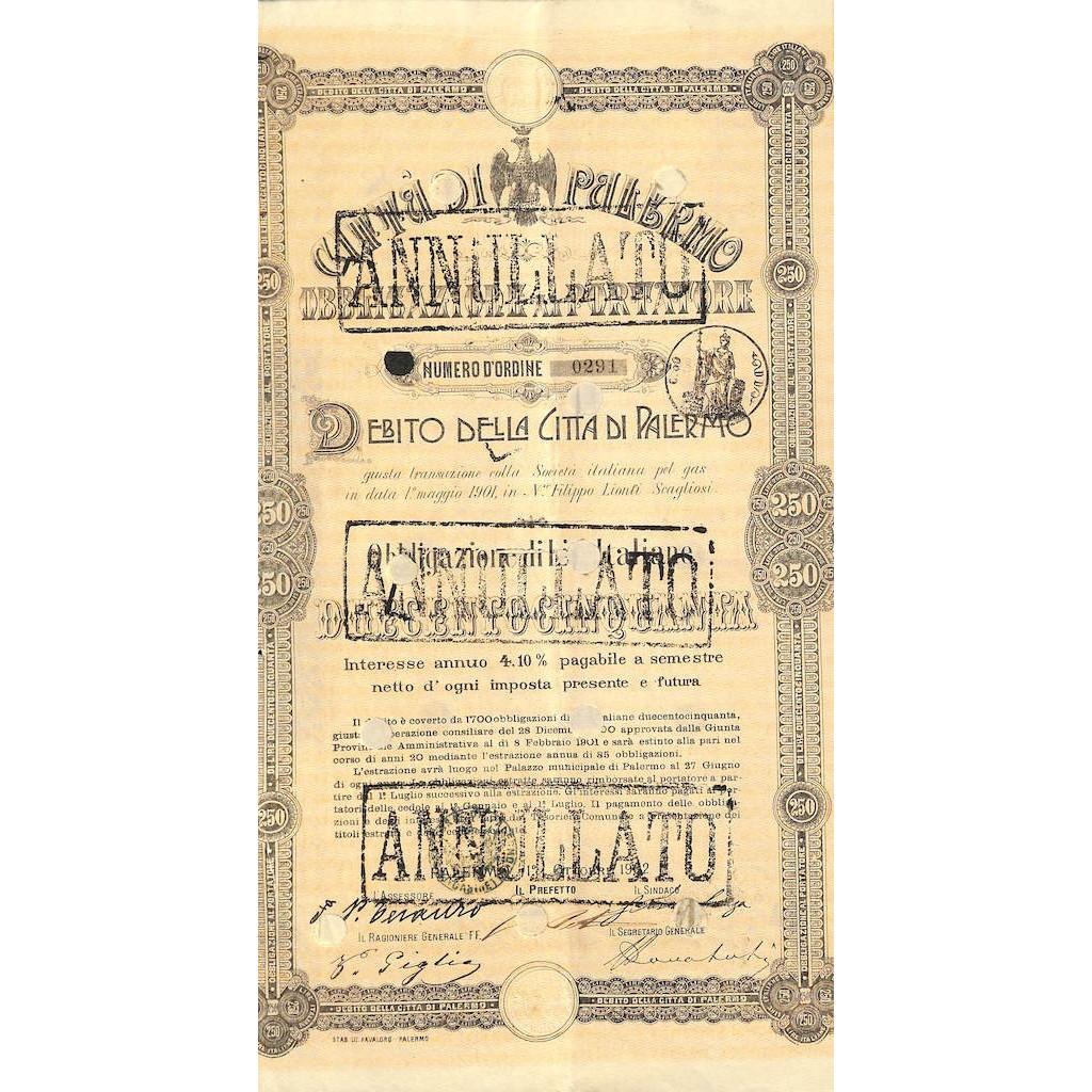 CITTA' DI PALERMO 1 OBBLIGAZIONE AL PORTATORE 1902