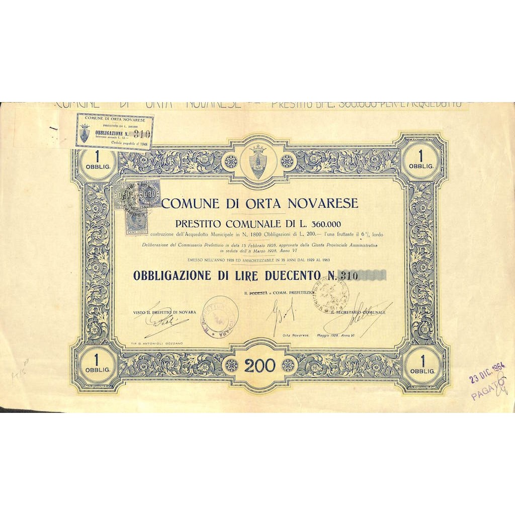 COMUNE DI ORTA NOVARESE - UNA OBBLIGAZIONE - 1928