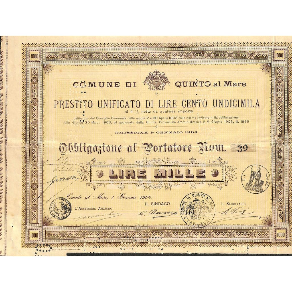 COMUNE DI QUINTO AL MARE - 1 OBBLIGAZIONE 1904