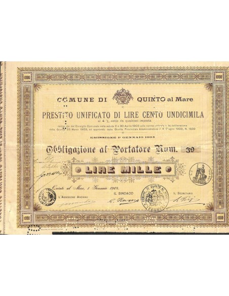COMUNE DI QUINTO AL MARE - 1 OBBLIGAZIONE 1904