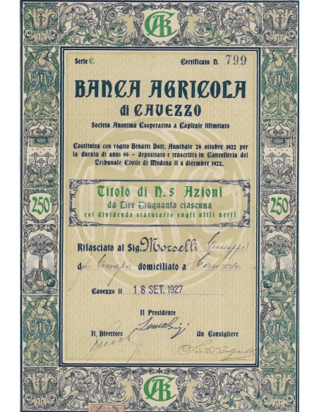 BANCA AGRICOLA DI CAVEZZO 5 AZIONI CAVEZZO