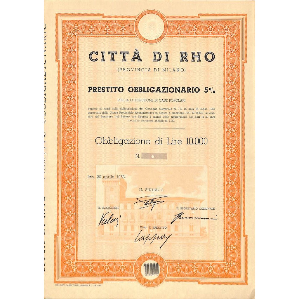 CITTA' DI RHO - UNA OBBLIGAZIONE 5% - 1953