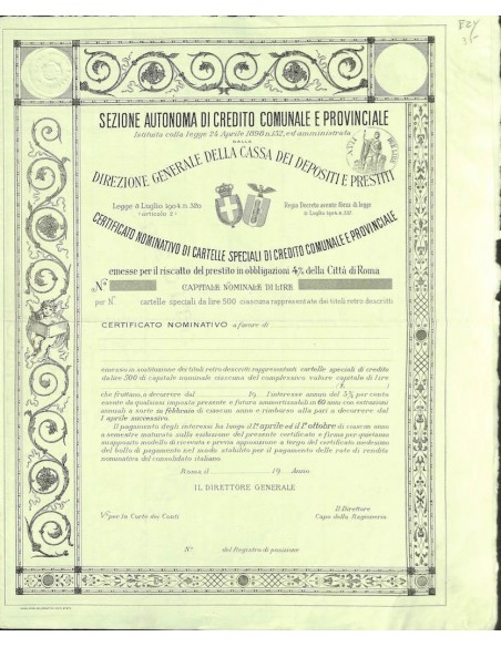 SEZ. AUTONOMA DI CREDITO COMUNALE PROV. CITTA' DI ROMA - 1 OBBL. 1898