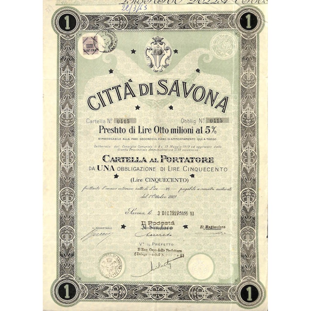 CITTA' DI SAVONA - UNA OBBLIGAZIONE 1927