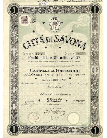 CITTA' DI SAVONA - UNA OBBLIGAZIONE 1927