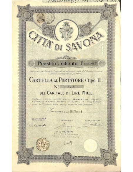 CITTA' DI SAVONA - UNA OBBLIGAZIONE 4% 1927