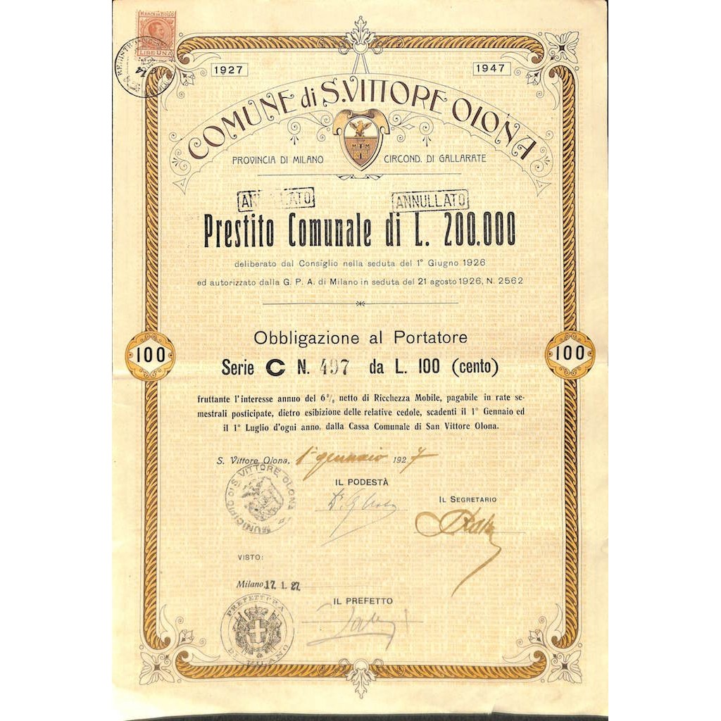 COMUNE DI S. VITTORE OLONA - 1 OBBLIGAZIONE 1927