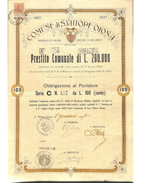 COMUNE DI S. VITTORE OLONA - 1 OBBLIGAZIONE 1927