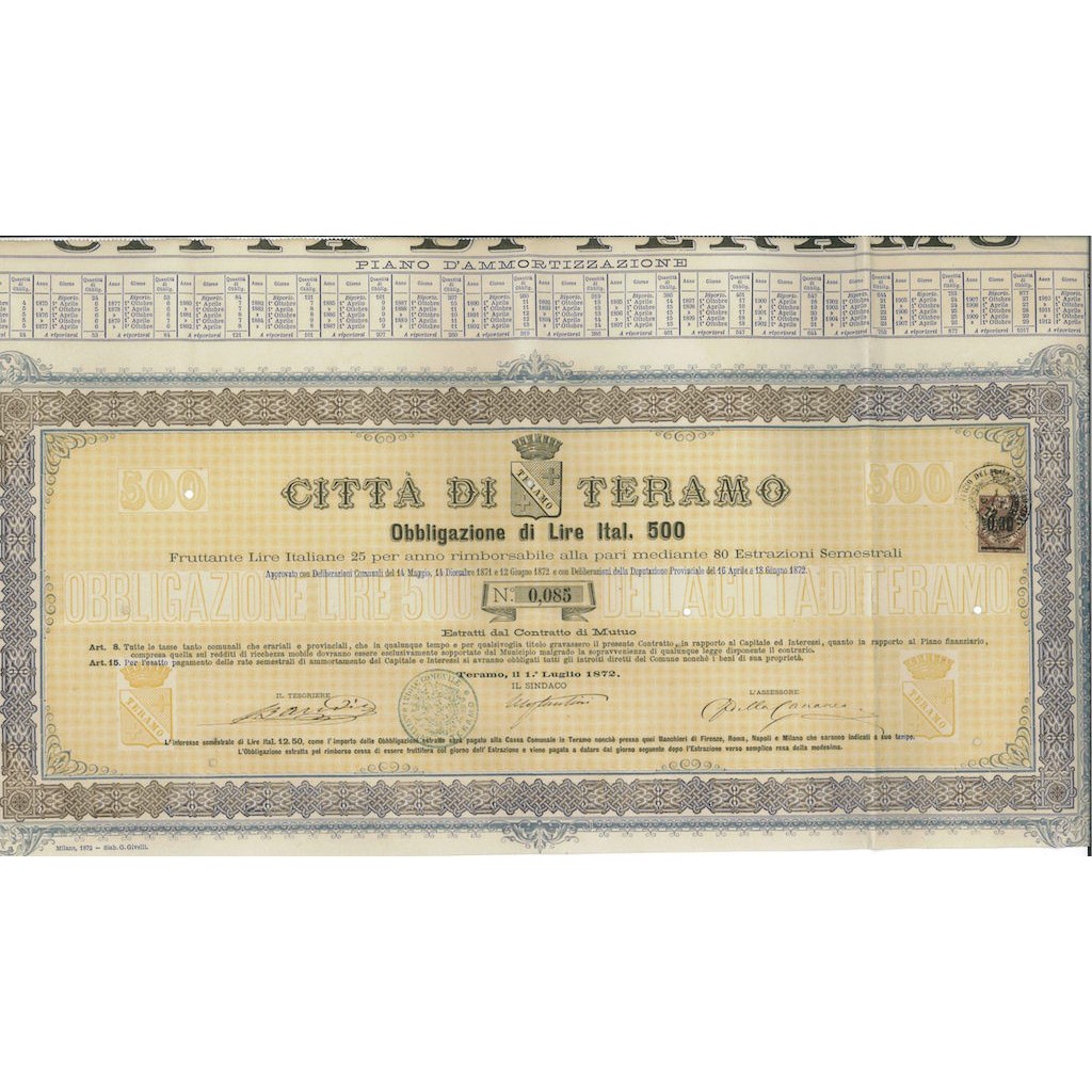 CITTA' DI TERAMO - 1 OBBLIGAZIONE 1872