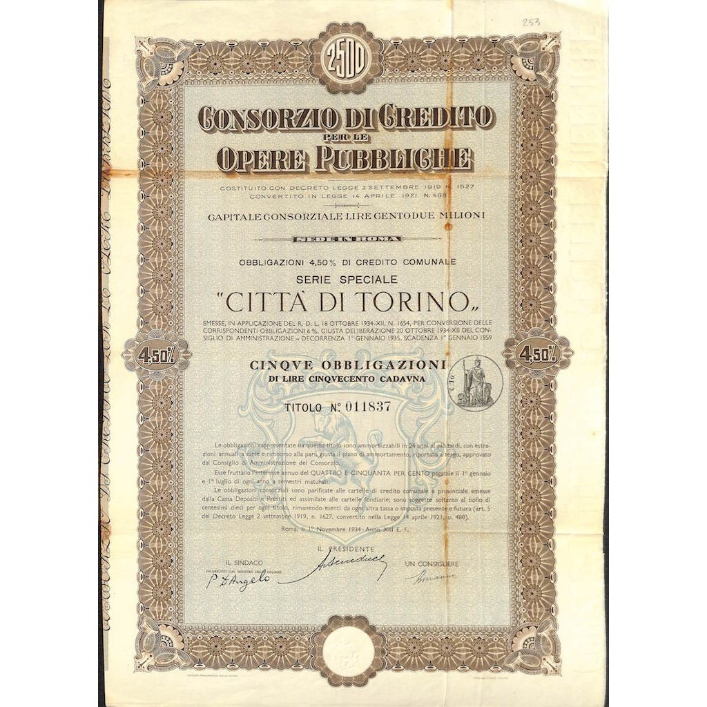 CONSORZIO DI CREDITO PER LE OPERE PUBBLICHE - 5 OBBLIGAZIONI TORINO 1934