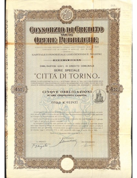 CONSORZIO DI CREDITO PER LE OPERE PUBBLICHE - 5 OBBLIGAZIONI TORINO 1934