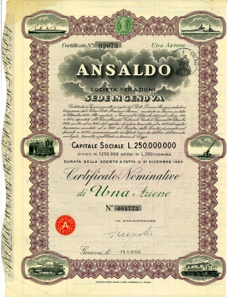 1943 - ANSALDO SOC. PER AZIONI 1 AZIONE - GENOVA